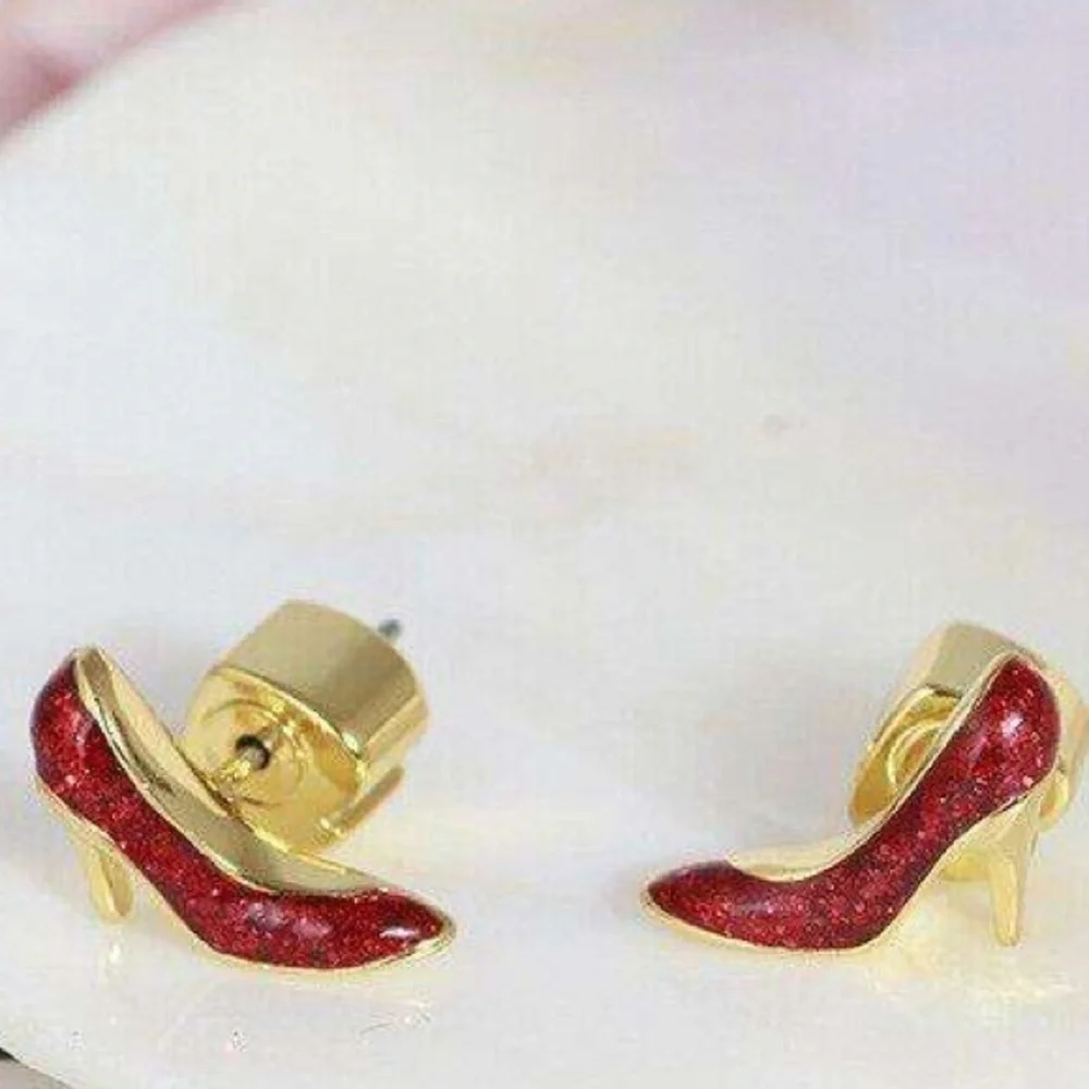 Kate Spade Authentic Red Glitter 12K Gold Plated High Heel Shoe Stud Earrings